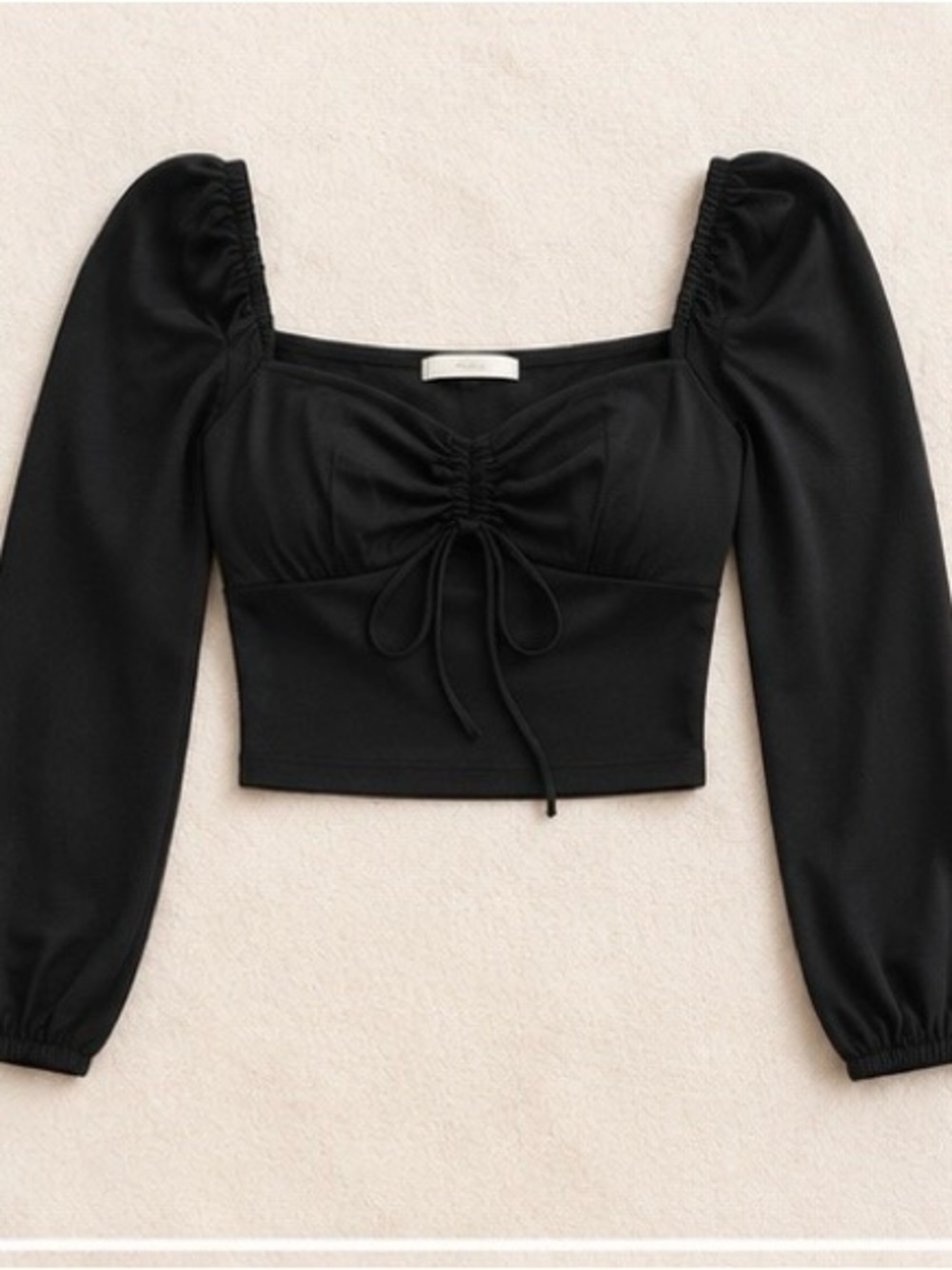 Black Ruched Tie-Front Long Sleeve Crop Top